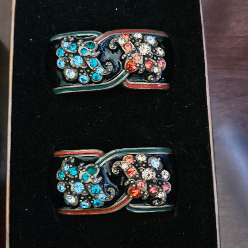 2 VINTAGE JAY STRONGWATER ART DECO CHINOISERIE SCROLL CRYSTAL ENAMEL NAPKIN RING